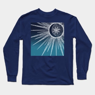 White Sun Moon Mandala Blue Gradient Design Long Sleeve T-Shirt